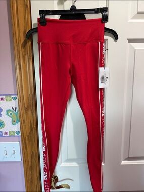 Zia Active High-Rise Red Leggings with White Side Stripe